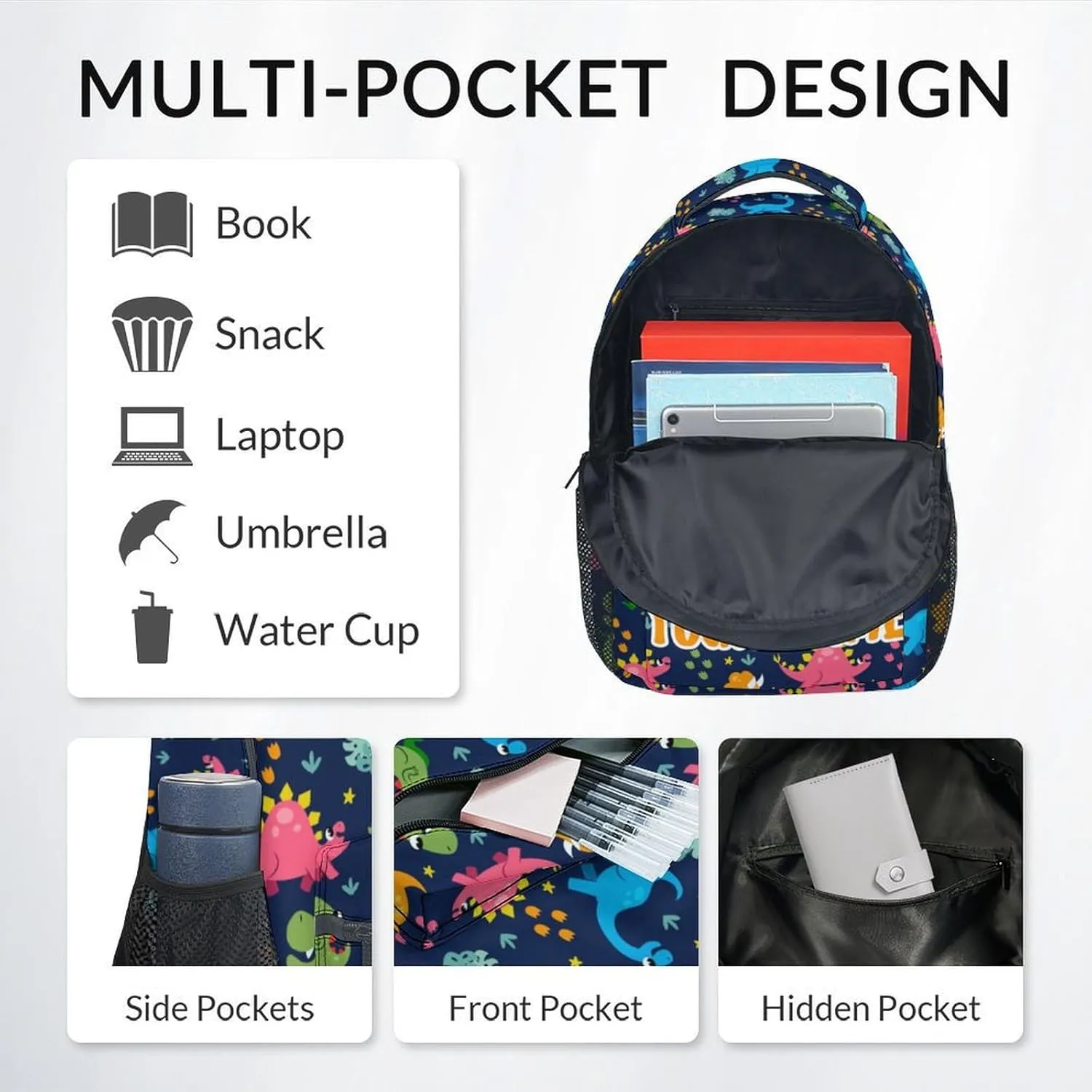 Personalized School Bag for Boys - Colorful Durable Aesthetic Kid Backpack - 17 Inch Large Capacity Dinosaur Bookbag for School, Travel and Camp