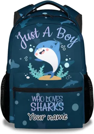 Personalized Shark Backpack for Boys Girls, 16 Inch Cute Backpack for School, Blue, Large Capacity, Durable, Lightweight Bookbag for Kids Travel