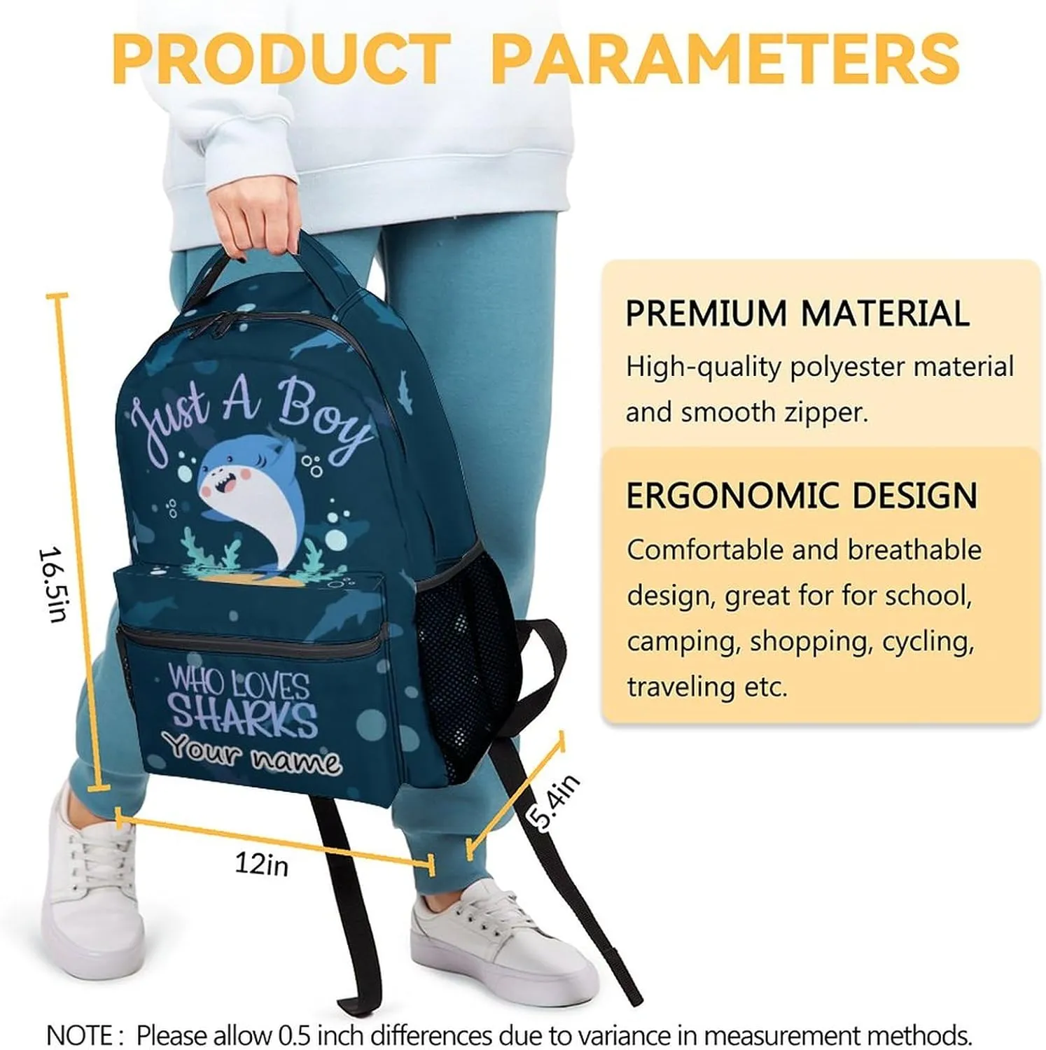 Personalized Shark Backpack for Boys Girls, 16 Inch Cute Backpack for School, Blue, Large Capacity, Durable, Lightweight Bookbag for Kids Travel