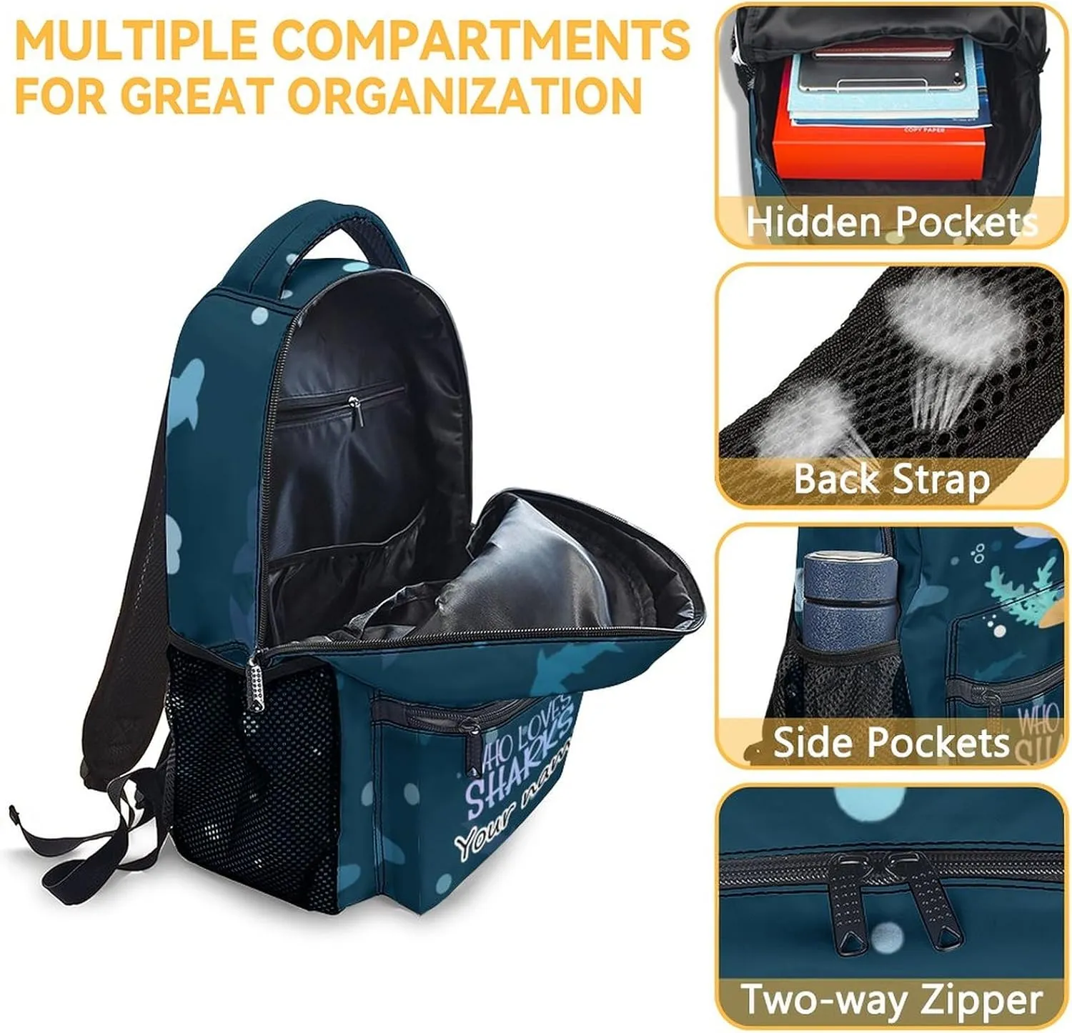 Personalized Shark Backpack for Boys Girls, 16 Inch Cute Backpack for School, Blue, Large Capacity, Durable, Lightweight Bookbag for Kids Travel