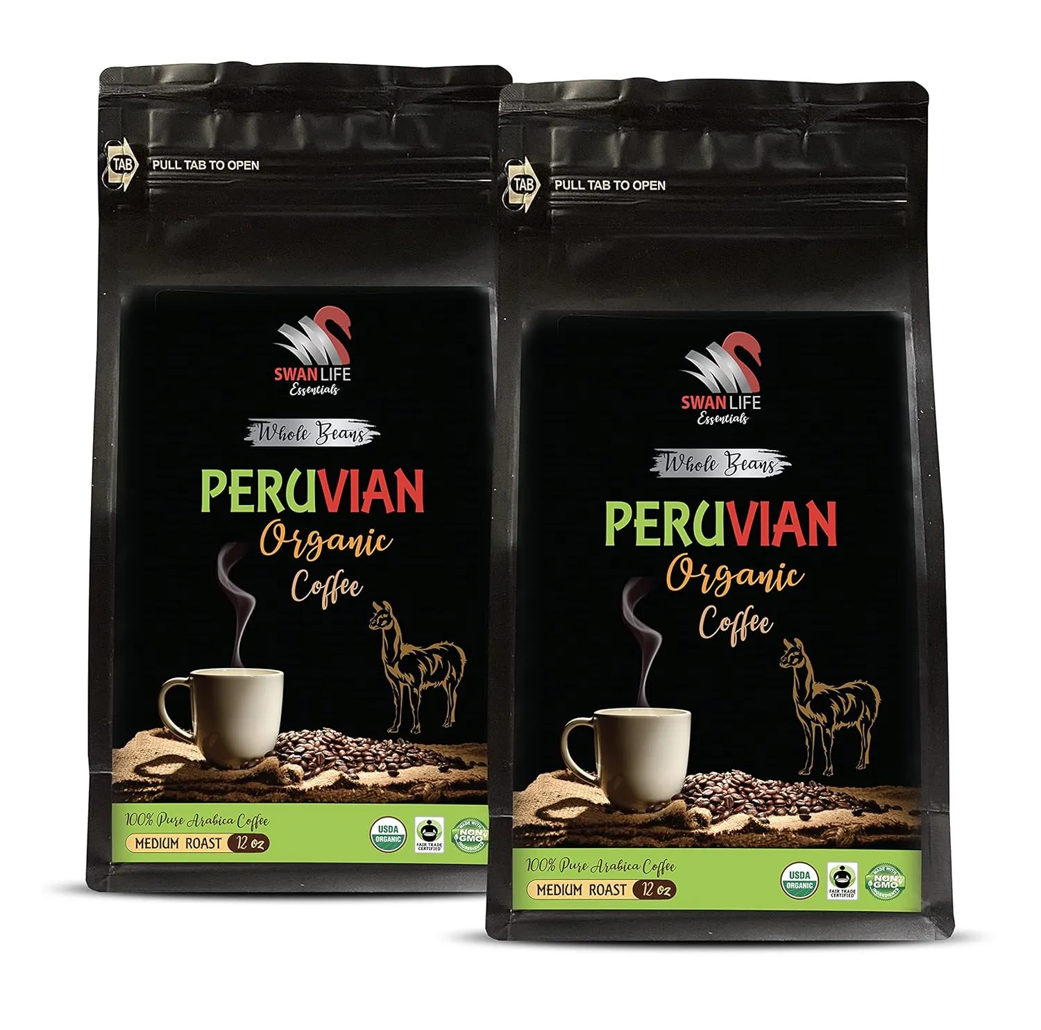 peruvian coffee - PERUVIAN COFFEE ORGANIC WHOLE BEANS, medium roast, arabica, low acidity - arabica medium roast coffee, 2 Bags (24 oz)
