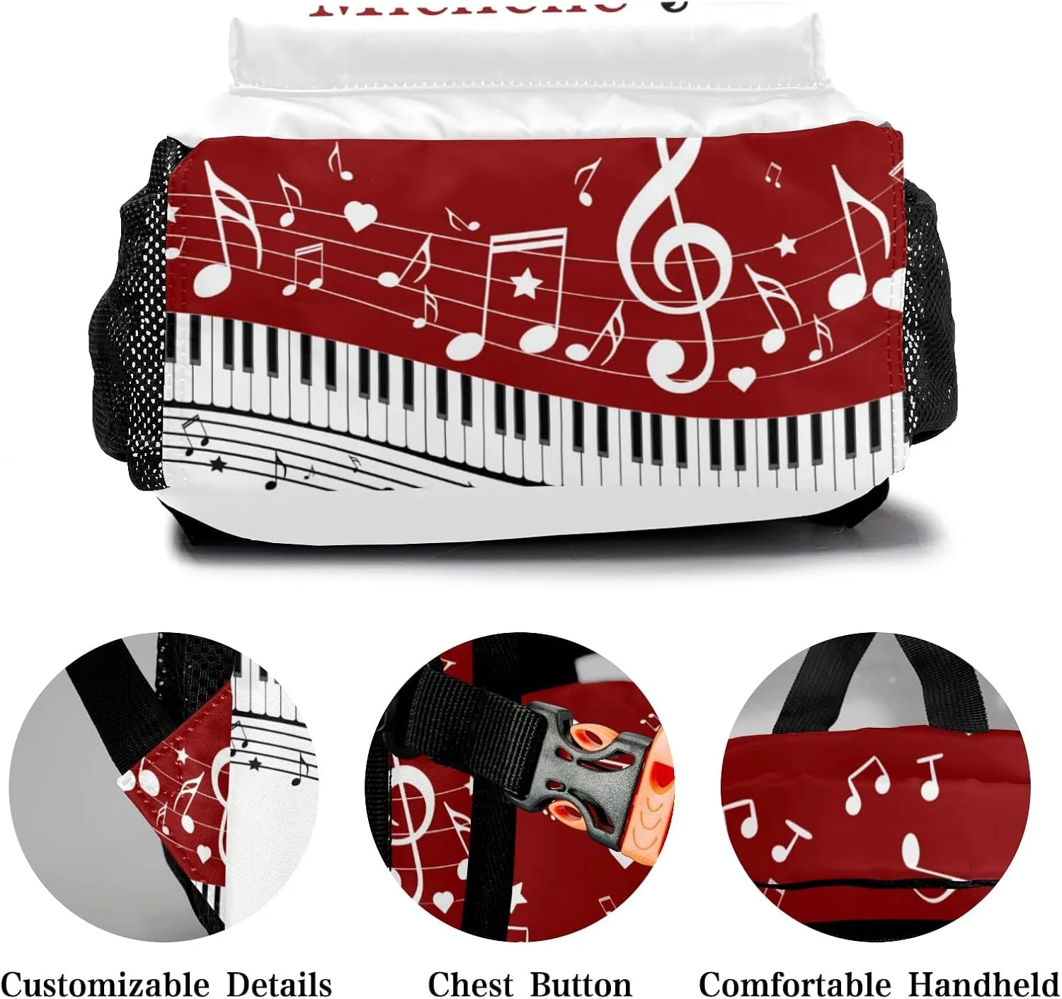 Piano Key Music Notes Red School Backpack Customized Multifunction Casual Bookbags for Gift