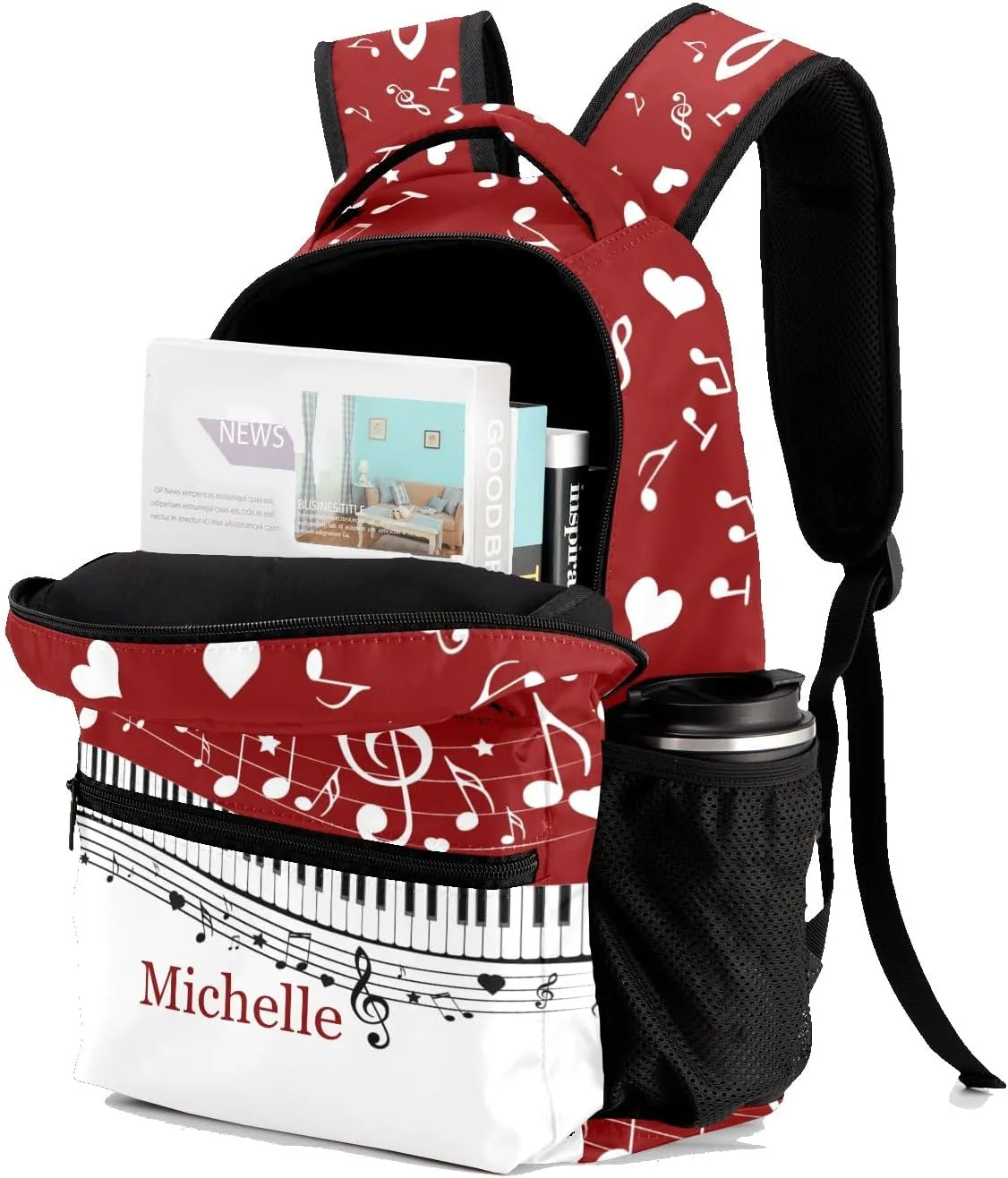 Piano Key Music Notes Red School Backpack Customized Multifunction Casual Bookbags for Gift