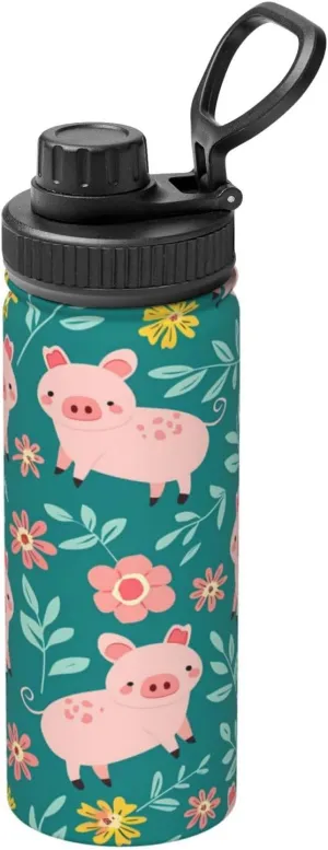 Piggy Flower 18oz Vacuum Insulated Water Bottle with Spout Lid and Handle, Cute Stainless Steel Thermal Water Jug, Leakproof Flask for Gym Hiking Travel Office