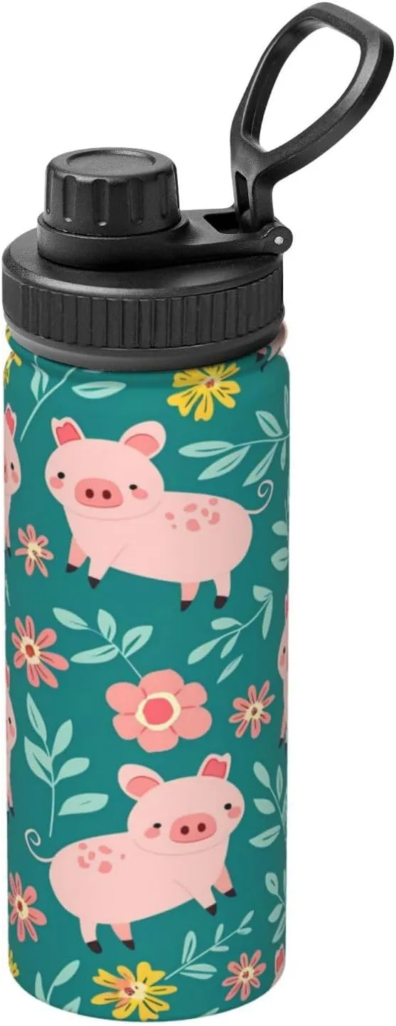Piggy Flower 18oz Vacuum Insulated Water Bottle with Spout Lid and Handle, Cute Stainless Steel Thermal Water Jug, Leakproof Flask for Gym Hiking Travel Office