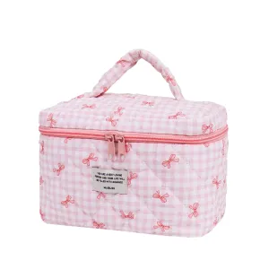 Pink Checkered Bow Travel Makeup Toiletry Bag: L