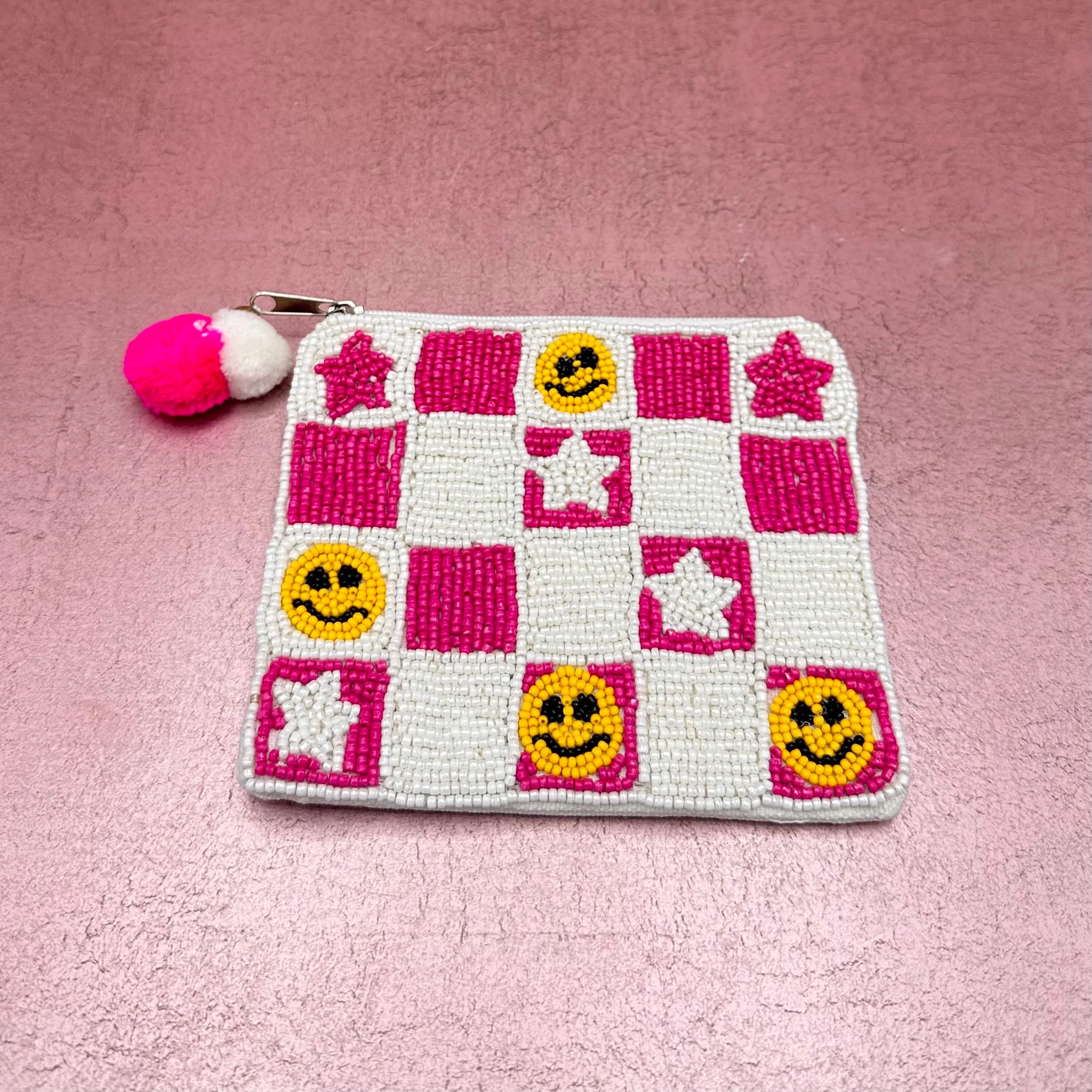 Pink Checkered Smiley Beaded Coin Pouch