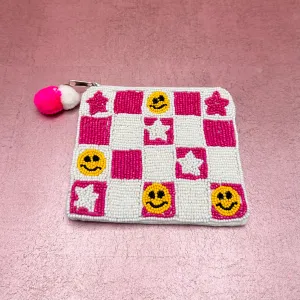 Pink Checkered Smiley Beaded Coin Pouch