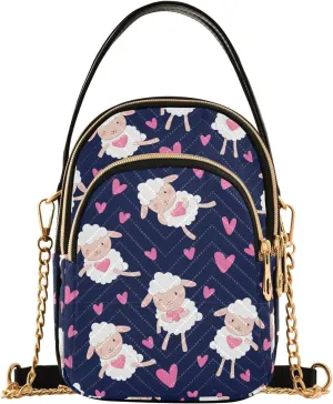 Pink Hearts Sheep Multi Pockets Crossbody Bags for Women Zip Cell Phone Purse Wallet Bag with Detachable Shoulder Strap Cross Body Handbag for Women Girls Trendy Shopping Traveling Working Gift