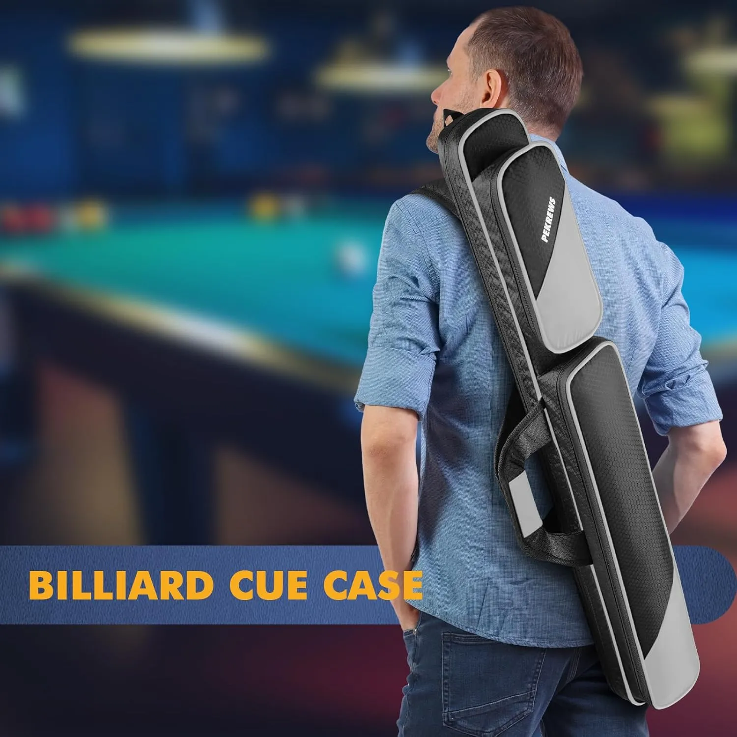 Pool Cue Case, Pool Stick Case 2x2 Holds 2 Sticks with 2 Accessory Zipper Pockets, Sturdy Polyester Pool Cue Carry Bag with Shoulder Strap Handle, Soft Billiard Cue Sling Bag for Men and Women