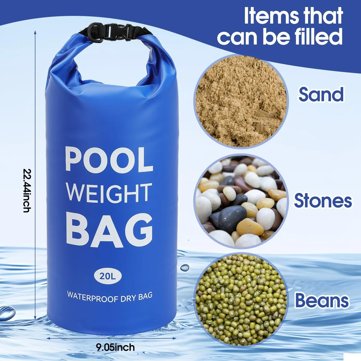 Pool Weights Bags for Steps Pool Ladder Weights with Heavy-Duty Handle Pool Sand Bag Waterproof Dry Bag for Above Ground Pool Steps Quick Release and Filling (Deep Blue, 10L)