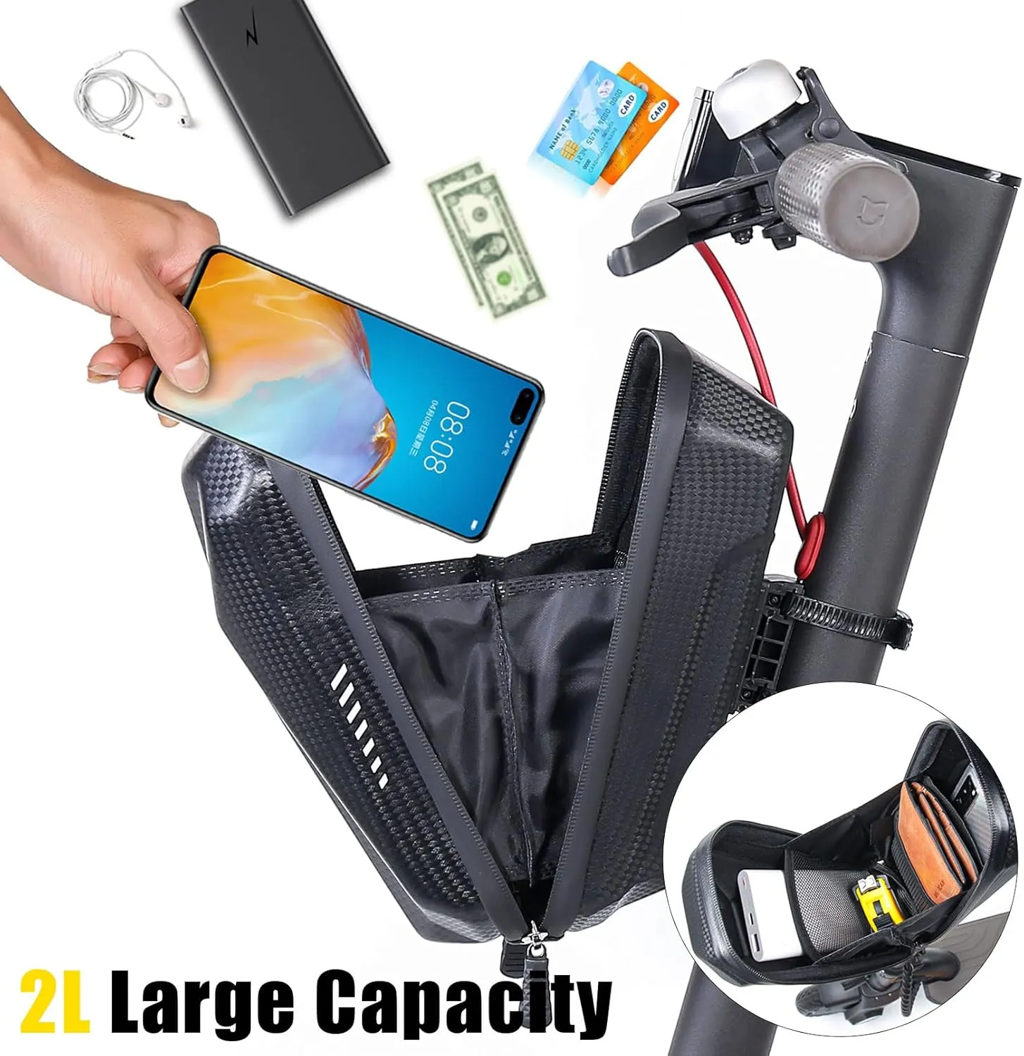 Portable Electric Scooter Bag, Quick Release Scooter Storage Bag with 2L/3L Large Capacity, Waterproof Scooter Front Handlebar Bag for Carrying Phone, Wallet, Charger Tools, Repair Tools