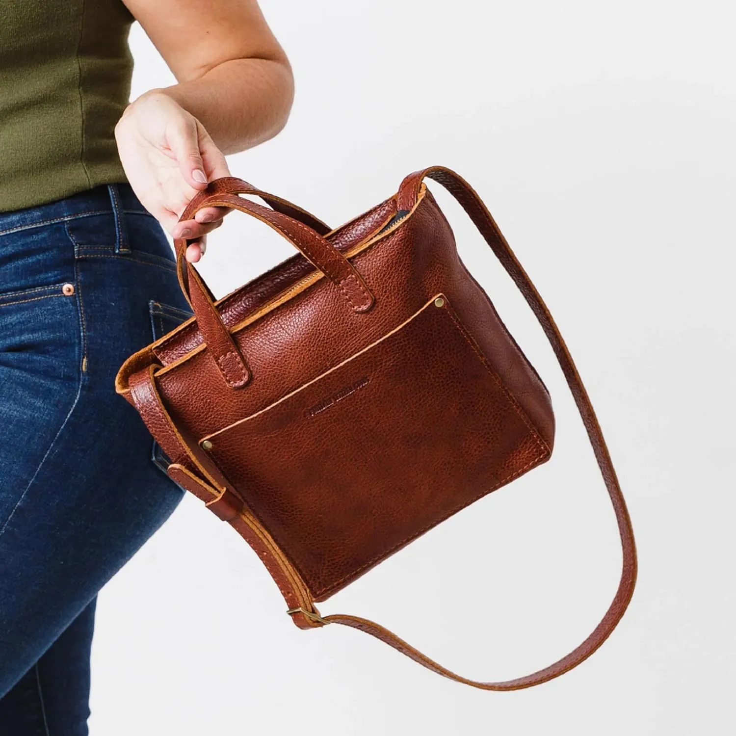 Portland Leather Goods Mini Zipper Crossbody Tote Bag for Women – Handmade, Durable & Unlined – Outside Pocket