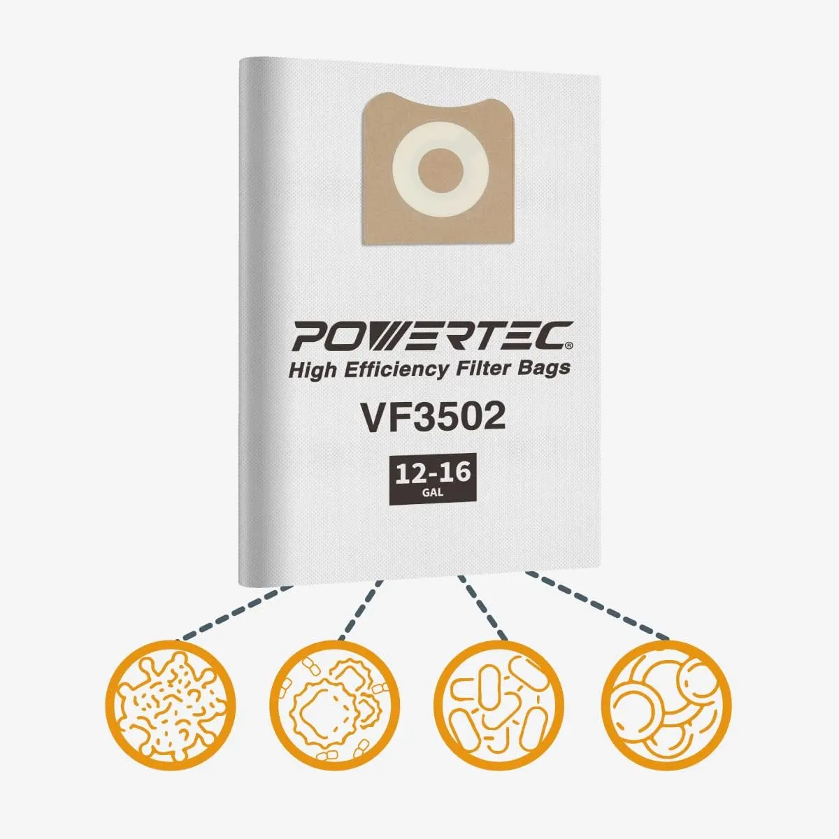 POWERTEC 23743 VF3502 Size A Shop Vac Bags for Ridgid 10 Pack, 12-16 Gal. Vacuum Bags for Ridgid HD1200, HD1400 Wet Dry Vac (75002-P5)