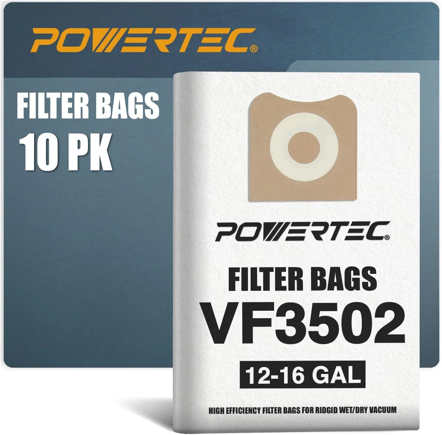 POWERTEC 23743 VF3502 Size A Shop Vac Bags for Ridgid 10 Pack, 12-16 Gal. Vacuum Bags for Ridgid HD1200, HD1400 Wet Dry Vac (75002-P5)