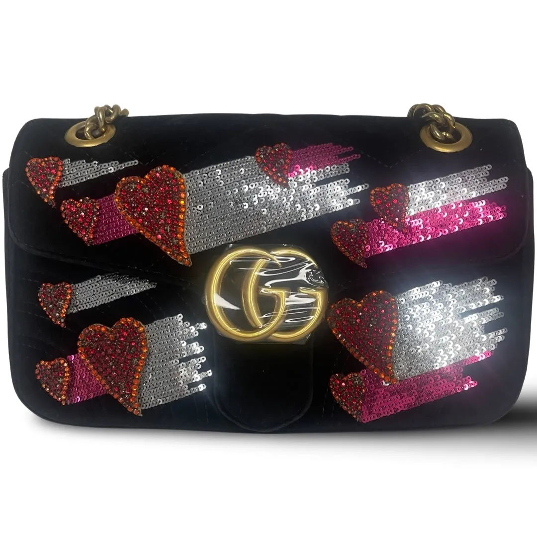 Pre-Owned Gucci Black Velvet GG Embellished Marmont Heart Crossbody Bag