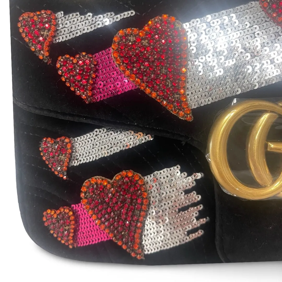 Pre-Owned Gucci Black Velvet GG Embellished Marmont Heart Crossbody Bag
