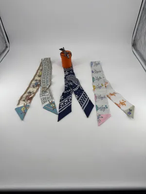 Preloved Authentic Hermès Twilly Scarf Trio – Luxury Silk Bundle with Iconic Prints