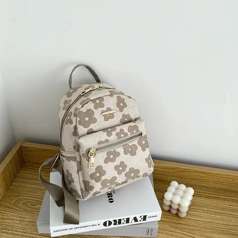 PU Leather Shoulder Multi-Function Flower Print Mini Backpack