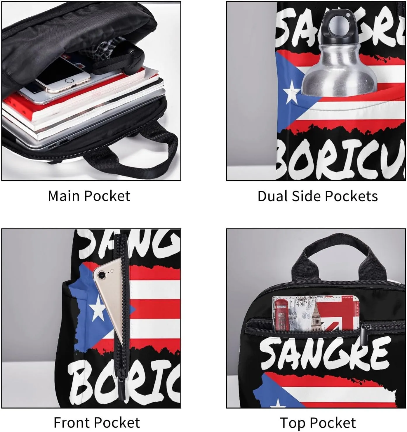 Puerto Rican Sangre Boricua Flag Travel Backpacks Casual Laptop Backpack Sport Rucksack Large Capacity Daypack Multi-Pockets Adjustable Strap Bag for Working Hiking