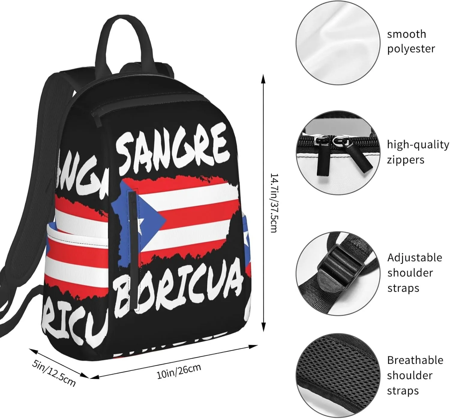 Puerto Rican Sangre Boricua Flag Travel Backpacks Casual Laptop Backpack Sport Rucksack Large Capacity Daypack Multi-Pockets Adjustable Strap Bag for Working Hiking