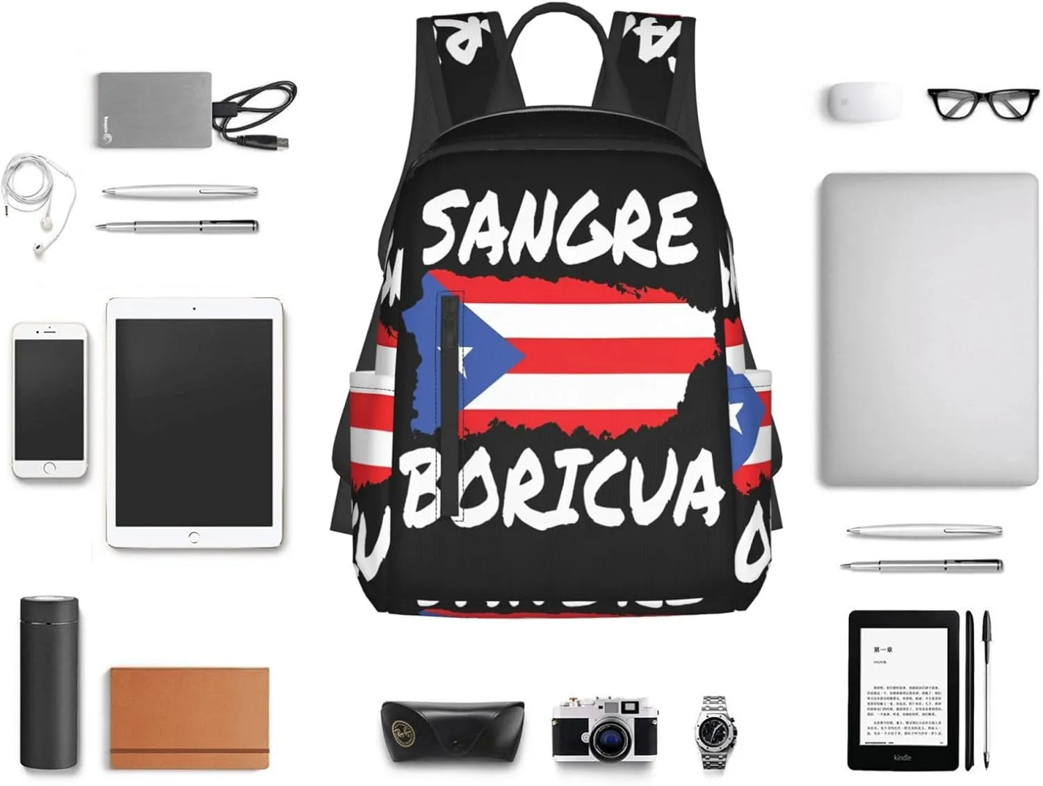 Puerto Rican Sangre Boricua Flag Travel Backpacks Casual Laptop Backpack Sport Rucksack Large Capacity Daypack Multi-Pockets Adjustable Strap Bag for Working Hiking