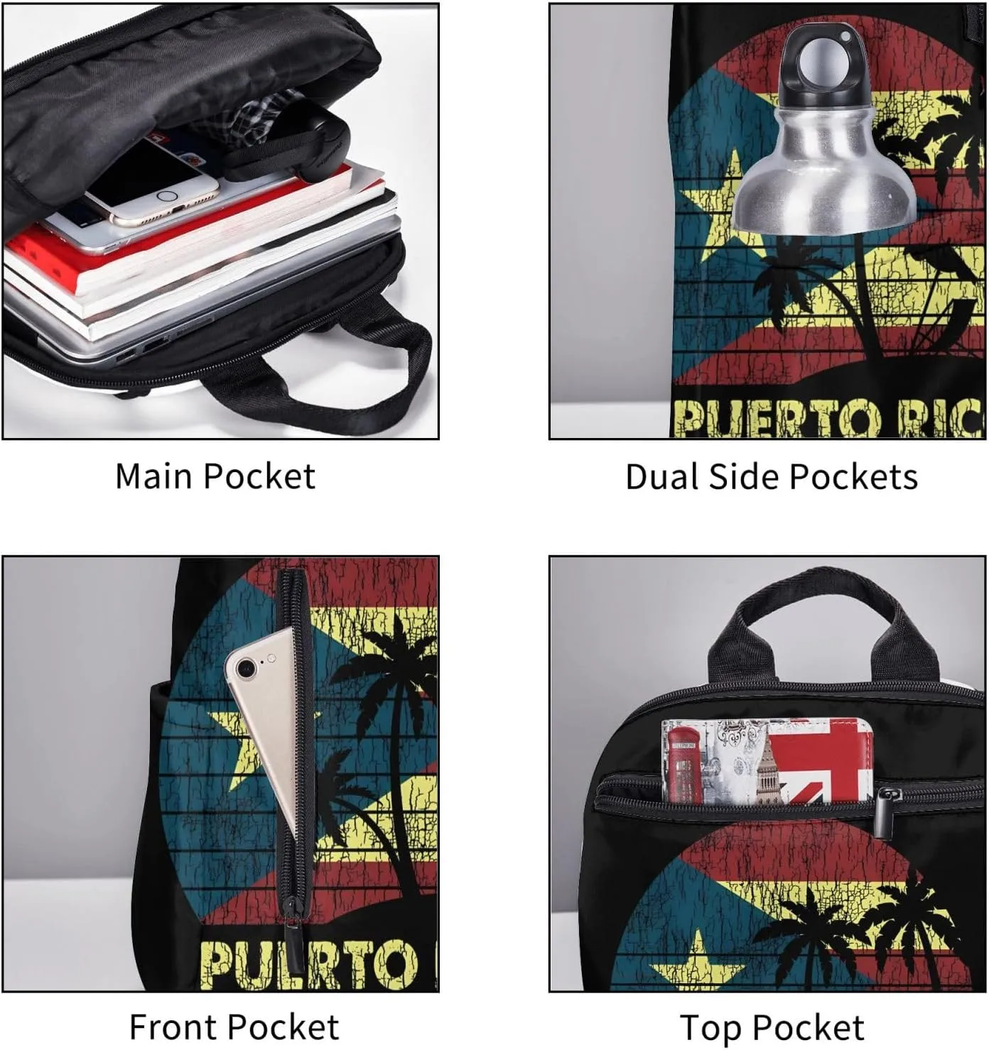 Puerto Rico Palm Trees Boricua Pride Travel Backpacks Casual Laptop Backpack Sport Rucksack Large Capacity Daypack Multi-Pockets Adjustable Strap Bag for Working Hiking