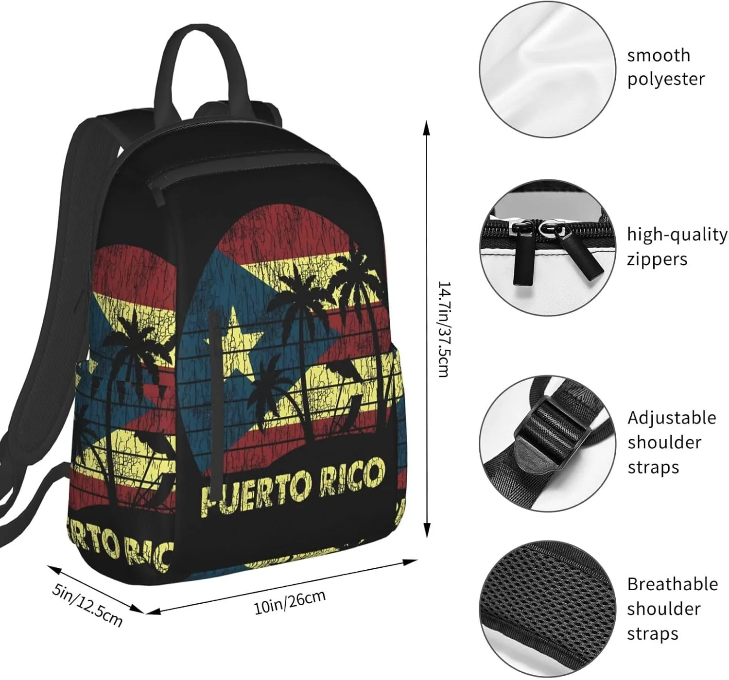 Puerto Rico Palm Trees Boricua Pride Travel Backpacks Casual Laptop Backpack Sport Rucksack Large Capacity Daypack Multi-Pockets Adjustable Strap Bag for Working Hiking