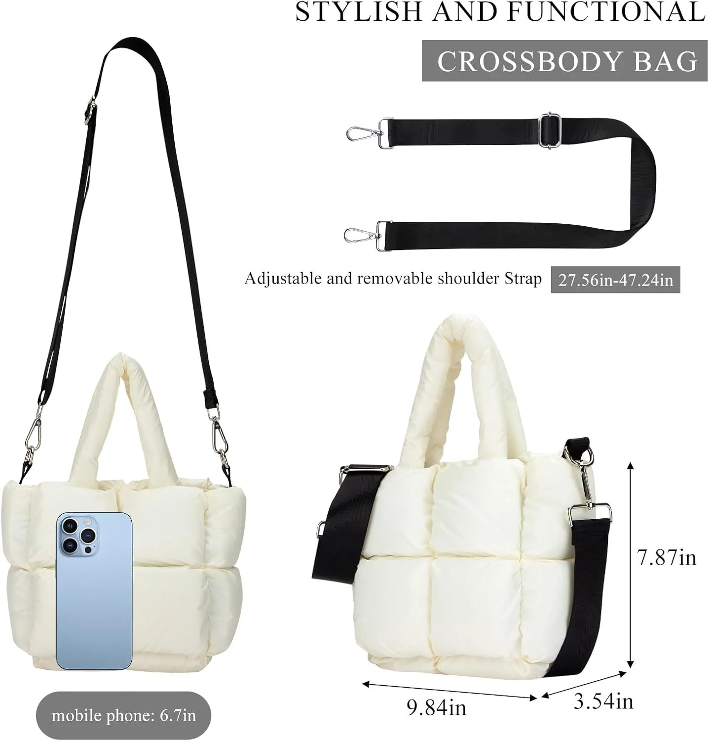 Puffer Tote Bag, Small Puffy Bags for Women Lightweight Down-Filled Crossbody Quilted Tote Bag Shoulder Handbags Purse