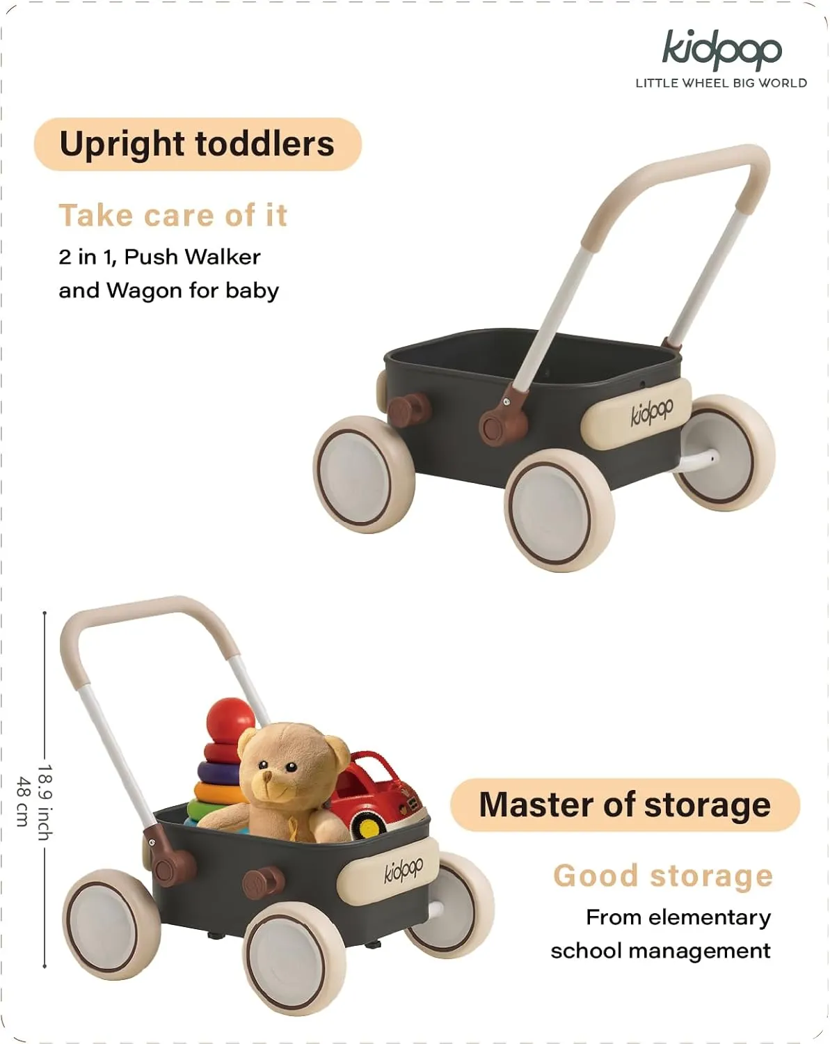PULA Baby Push Walker with Wheels Toddler Wagon for First Learner Baby Toys 6-12 Months, 1 Year Old Birthday Gifts, Indoors and Outdoors (Black)