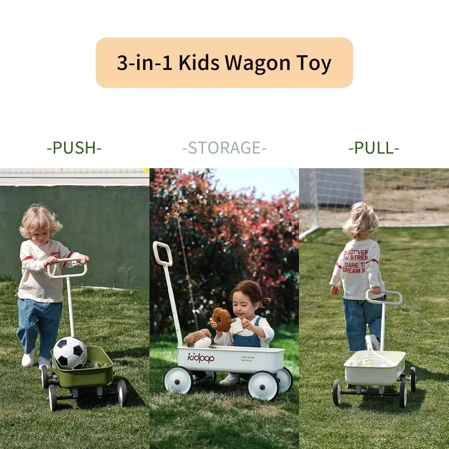PULA-Wild 2-in-1 Kids' Pull-Along Wagon Toddlers Push Walker for 2.5-8 Adjustable Handlebar, Birthday Gifts Max Weight 33 lbs (White)
