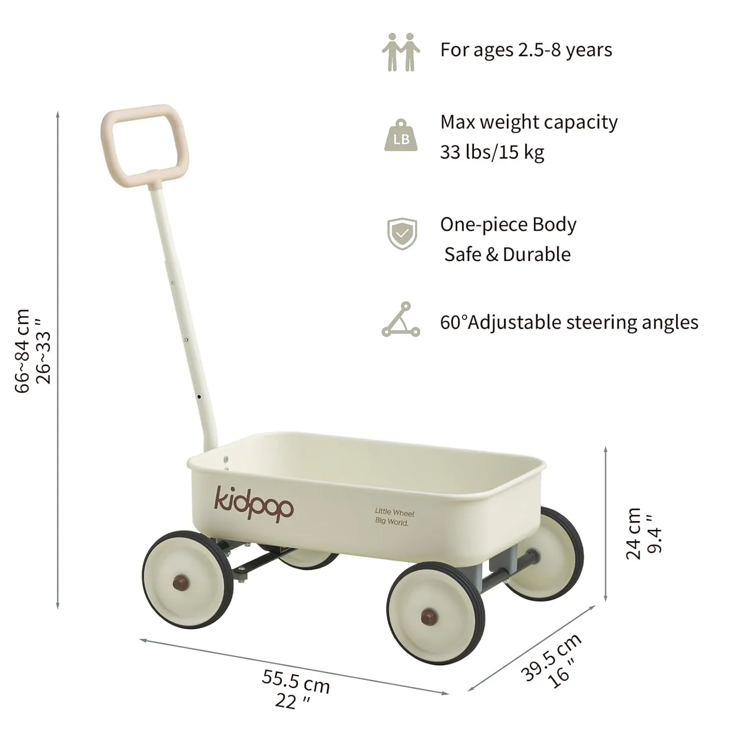 PULA-Wild 2-in-1 Kids' Pull-Along Wagon Toddlers Push Walker for 2.5-8 Adjustable Handlebar, Birthday Gifts Max Weight 33 lbs (White)