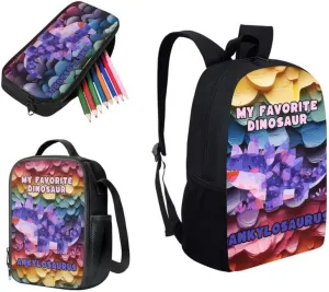 Purple Ankylosaurus Baby Purple Ankylosaurus Baby Backpack Cartoon Dinosaur School Bags for Girls with Lunch Bag with Pencil Case 3-Pieces for Teens Boys Girls School