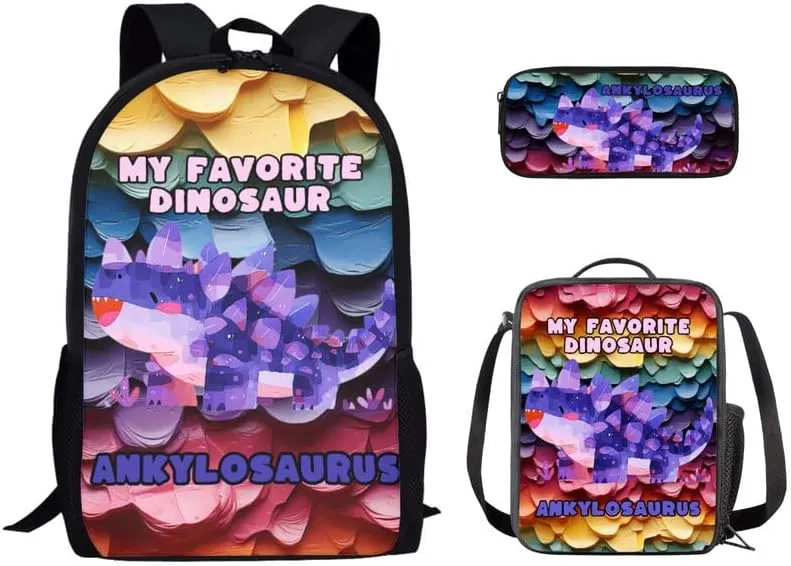 Purple Ankylosaurus Baby Purple Ankylosaurus Baby Backpack Cartoon Dinosaur School Bags for Girls with Lunch Bag with Pencil Case 3-Pieces for Teens Boys Girls School