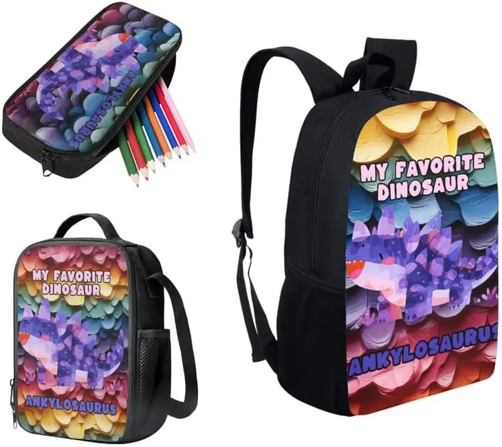 Purple Ankylosaurus Baby Purple Ankylosaurus Baby Backpack Cartoon Dinosaur School Bags for Girls with Lunch Bag with Pencil Case 3-Pieces for Teens Boys Girls School