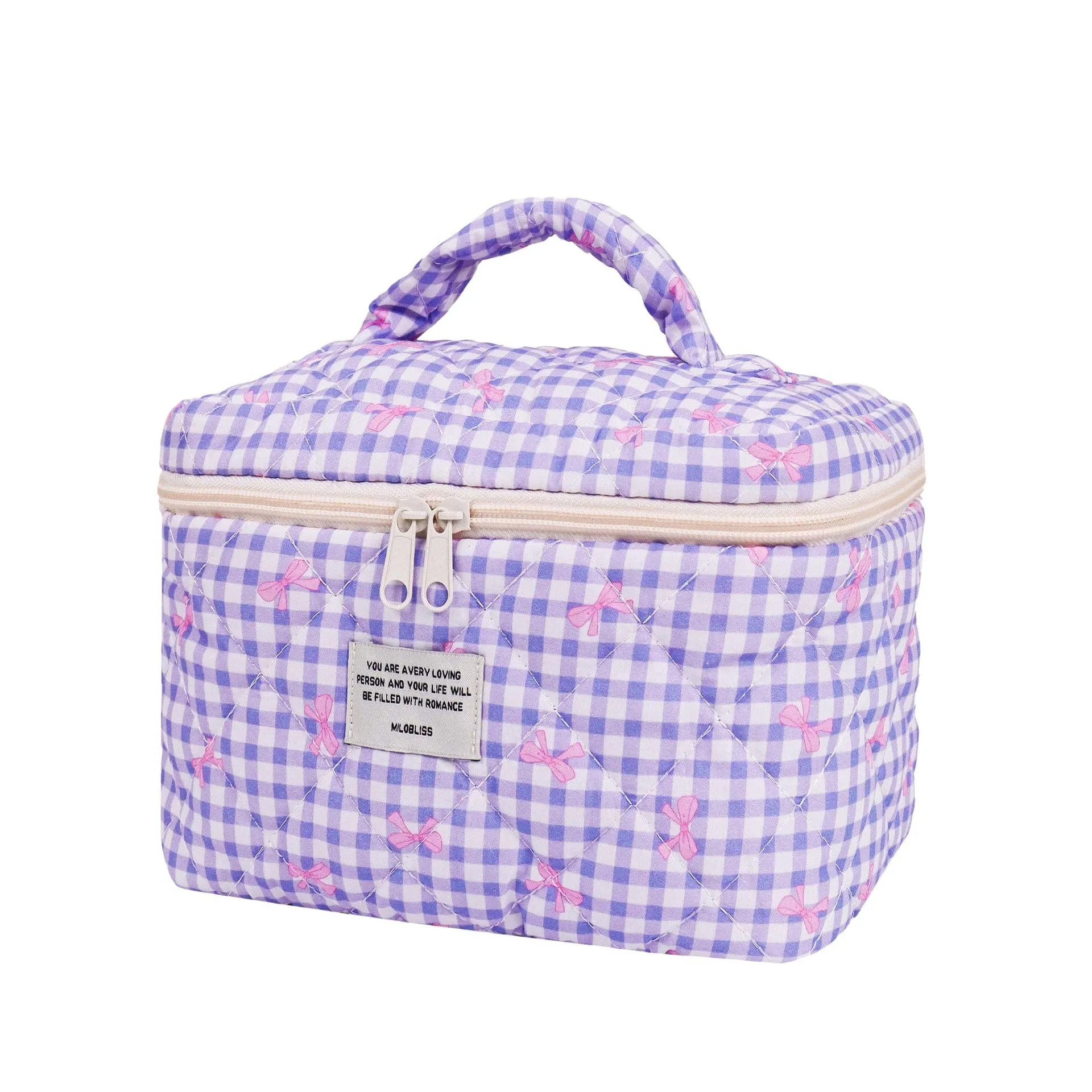 Purple Checkered Bow Makeup Bag Travel Organizer: L