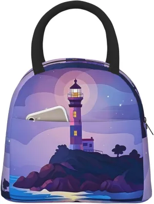 Purple Lighthouse Lunch Bag with Front Pocket Work Lunch Box Cooler Bag Insulated Lunch Bag for Women Men Food Handbags