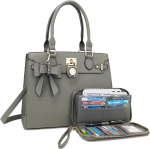 Qiyuer Women Handbags Set Top Handle Satchel Tote Shoulder Work Bag Ladies Purses With Matching Clutch Wallet 2PCS