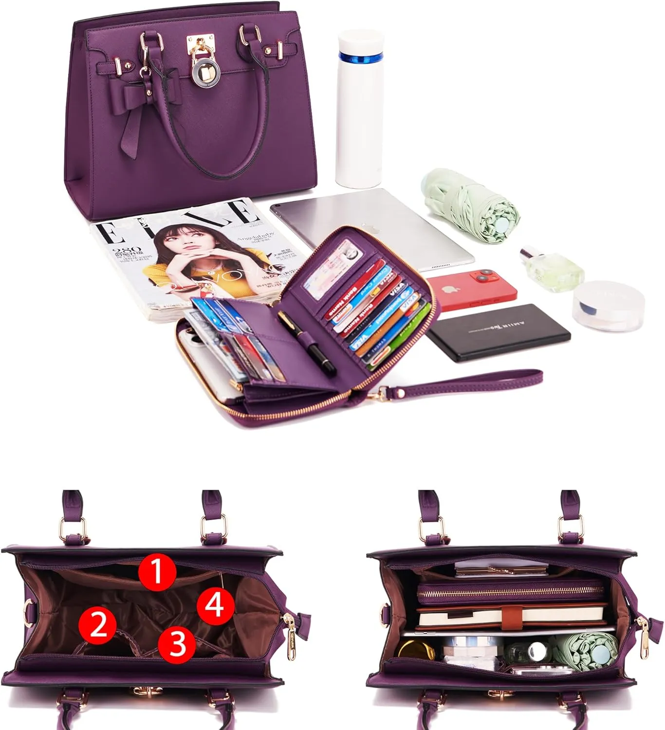 Qiyuer Women Handbags Set Top Handle Satchel Tote Shoulder Work Bag Ladies Purses With Matching Clutch Wallet 2PCS