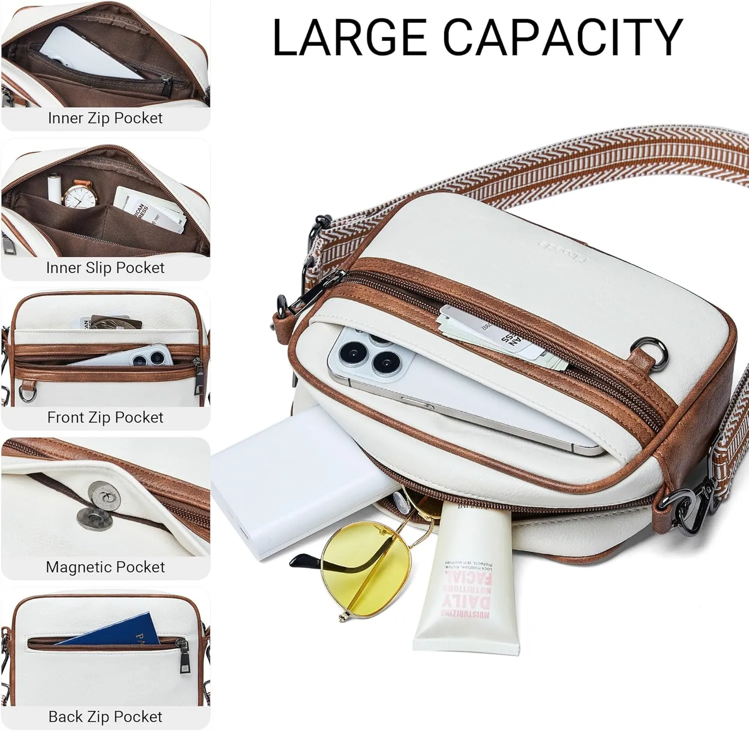 Quilted Crossbody Bags for Women 3-Pockets Crossbody Purses Vegan Leather Shoulder Handbags with Wide Strap