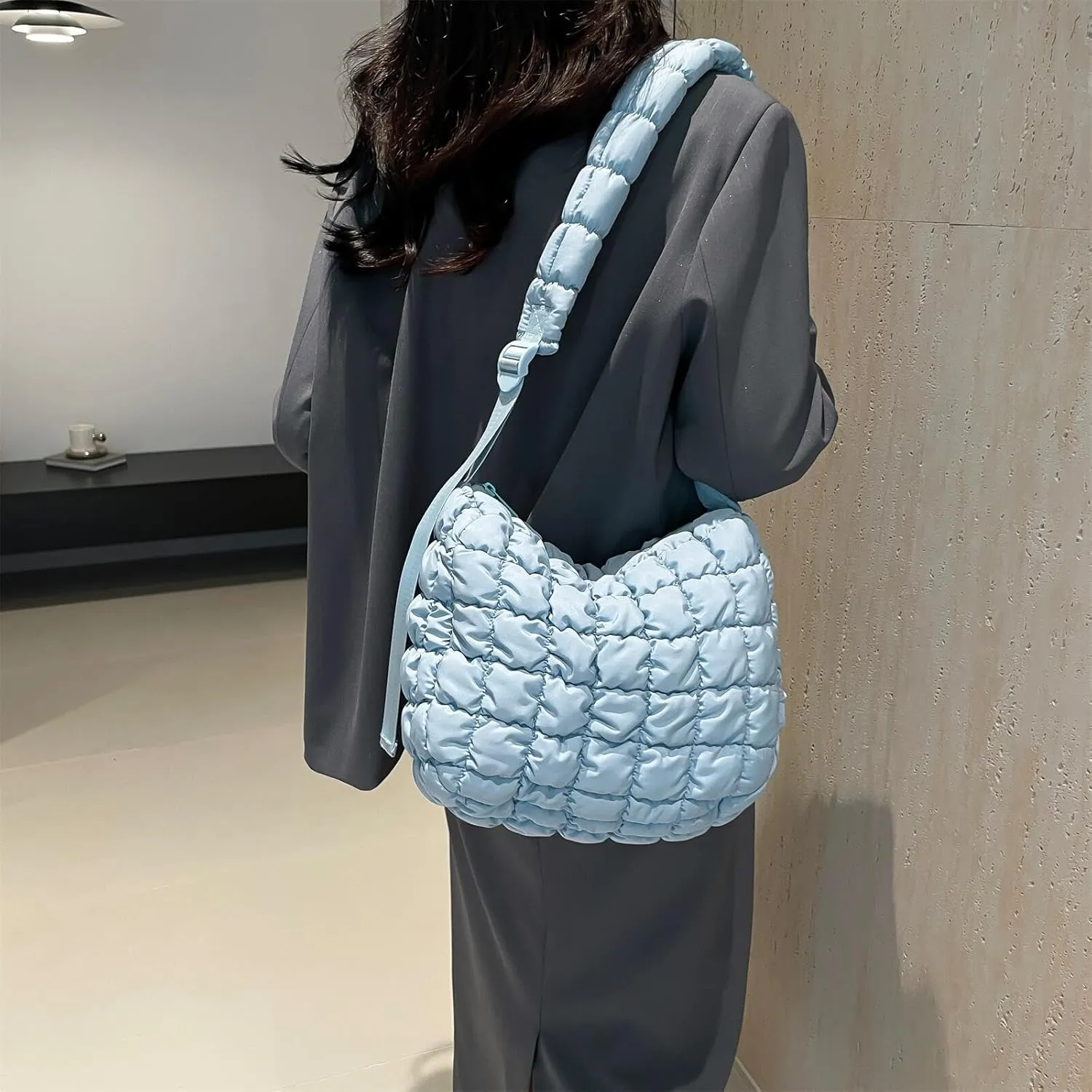 Quilted Nylon Shoulder Crossbody Bag Women Tote Hobos Handbags Puffy Padded Purse Lightweight with Adjustable Shoulder Strap