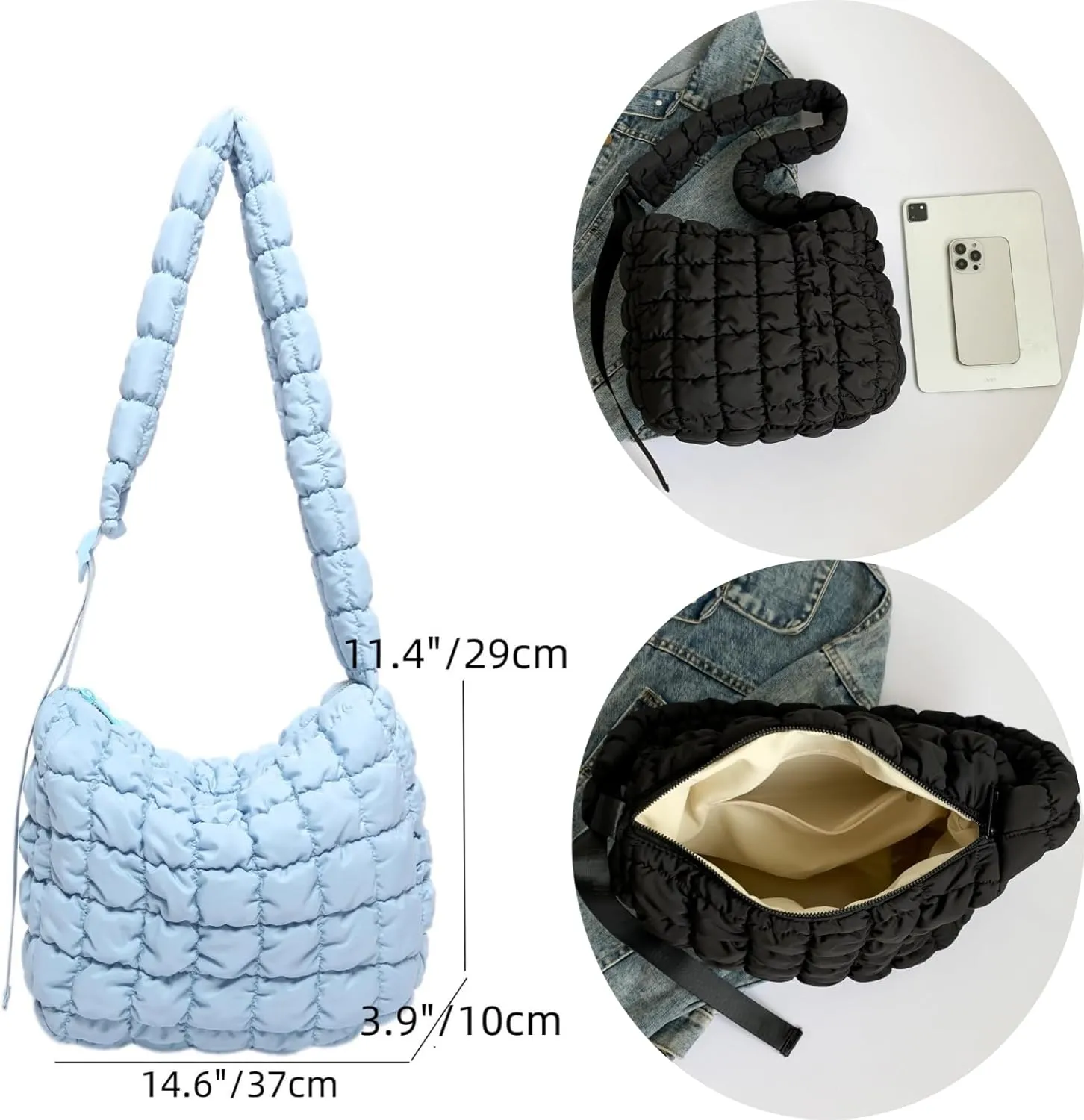Quilted Nylon Shoulder Crossbody Bag Women Tote Hobos Handbags Puffy Padded Purse Lightweight with Adjustable Shoulder Strap