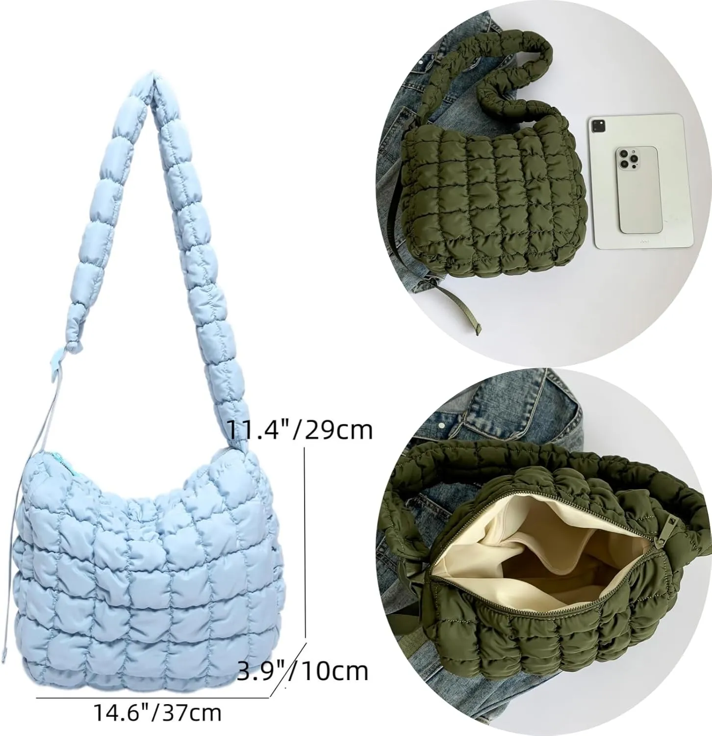 Quilted Nylon Shoulder Crossbody Bag Women Tote Hobos Handbags Puffy Padded Purse Lightweight with Adjustable Shoulder Strap