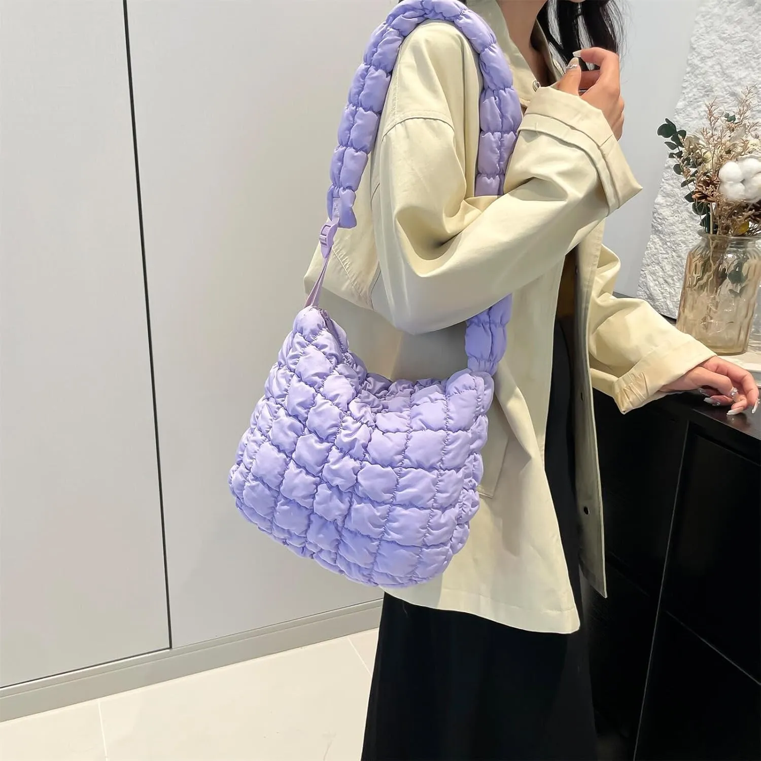 Quilted Nylon Shoulder Crossbody Bag Women Tote Hobos Handbags Puffy Padded Purse Lightweight with Adjustable Shoulder Strap