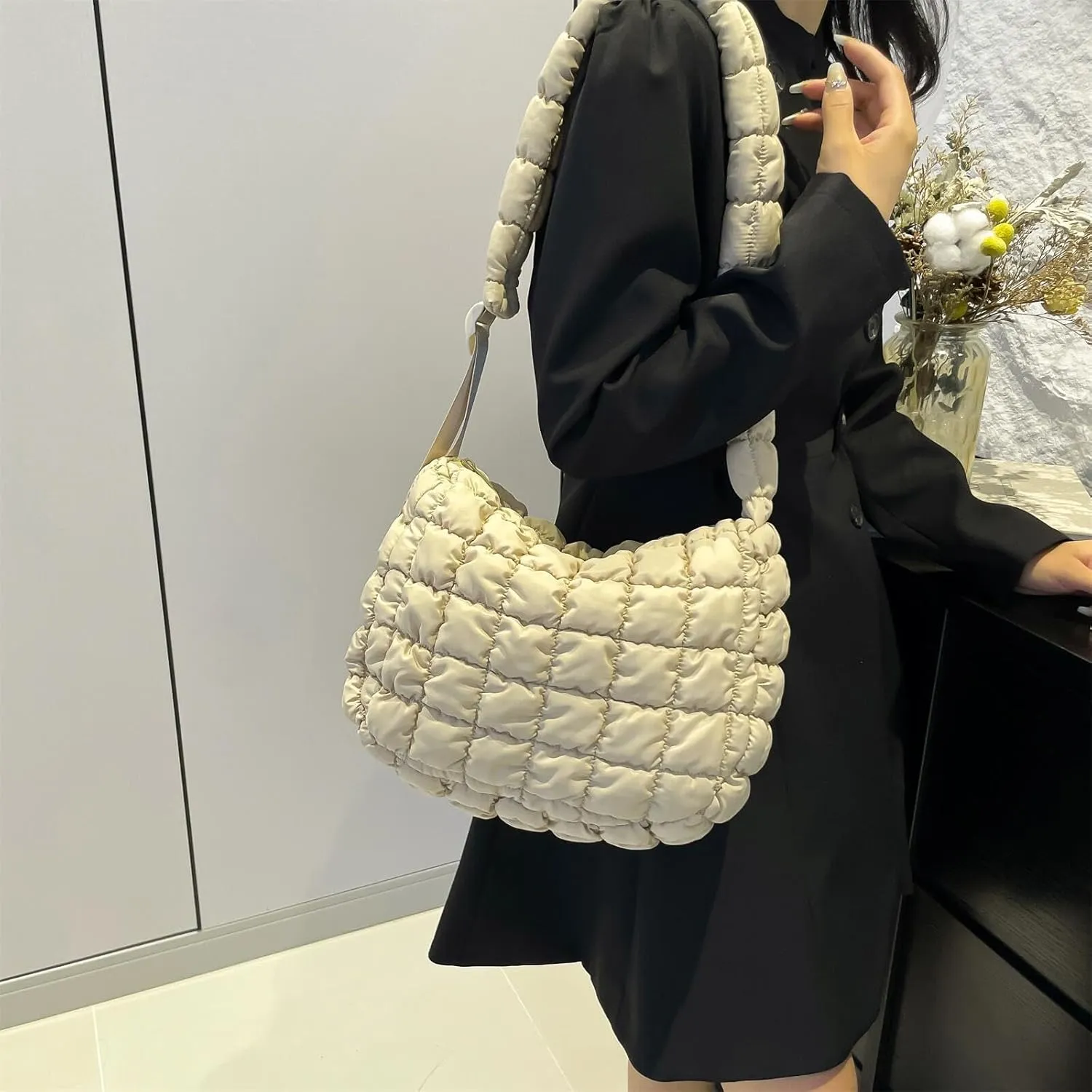 Quilted Nylon Shoulder Crossbody Bag Women Tote Hobos Handbags Puffy Padded Purse Lightweight with Adjustable Shoulder Strap