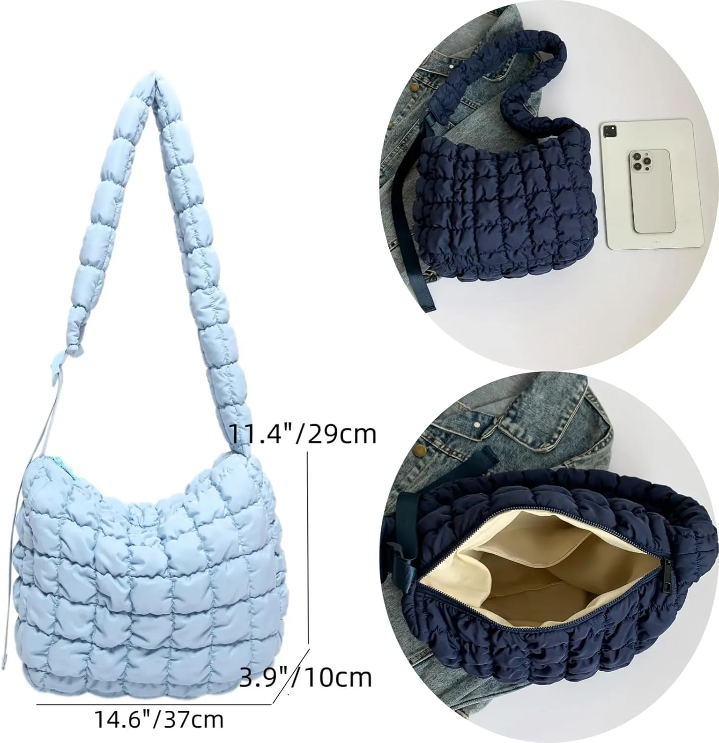 Quilted Nylon Shoulder Crossbody Bag Women Tote Hobos Handbags Puffy Padded Purse Lightweight with Adjustable Shoulder Strap