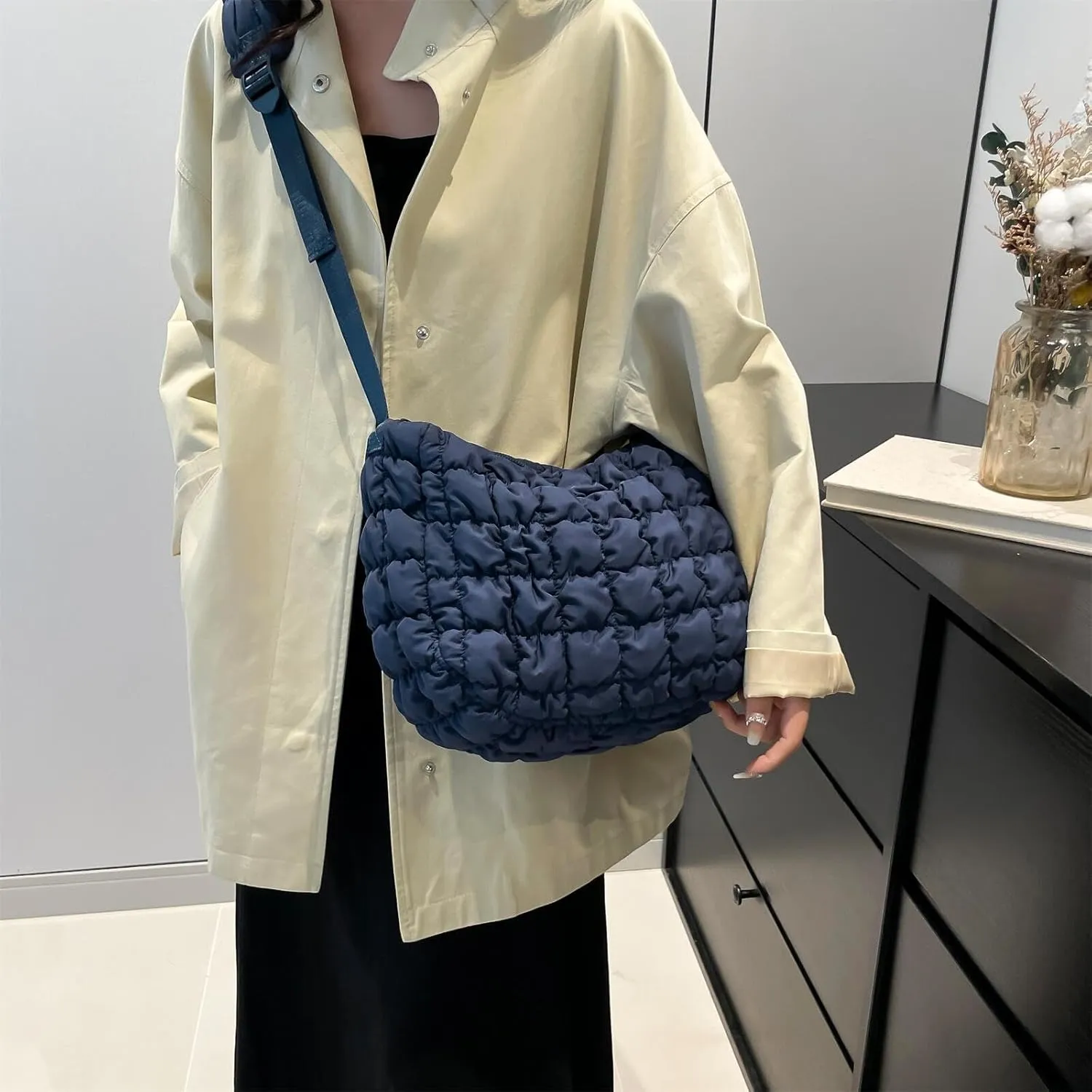 Quilted Nylon Shoulder Crossbody Bag Women Tote Hobos Handbags Puffy Padded Purse Lightweight with Adjustable Shoulder Strap