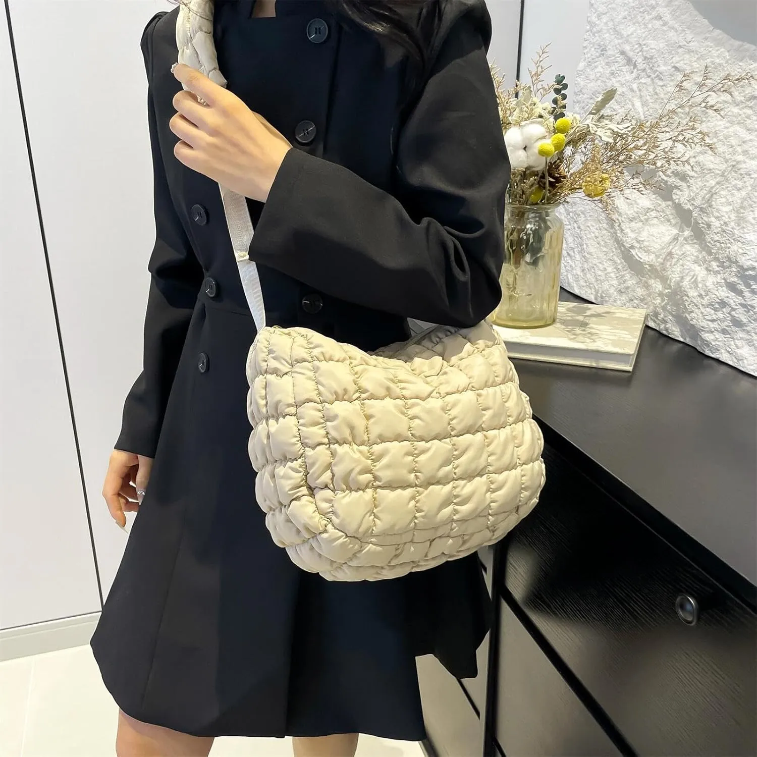 Quilted Nylon Shoulder Crossbody Bag Women Tote Hobos Handbags Puffy Padded Purse Lightweight with Adjustable Shoulder Strap