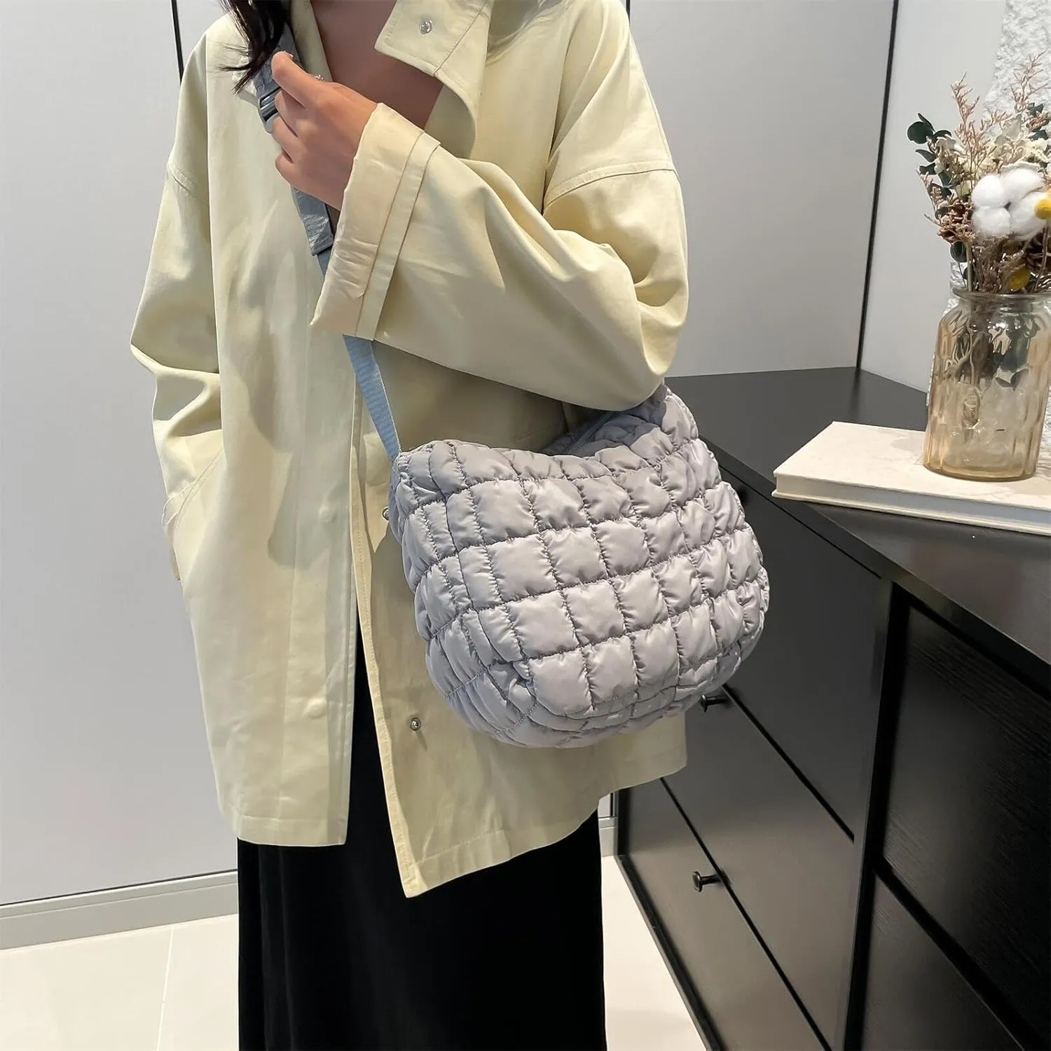 Quilted Nylon Shoulder Crossbody Bag Women Tote Hobos Handbags Puffy Padded Purse Lightweight with Adjustable Shoulder Strap