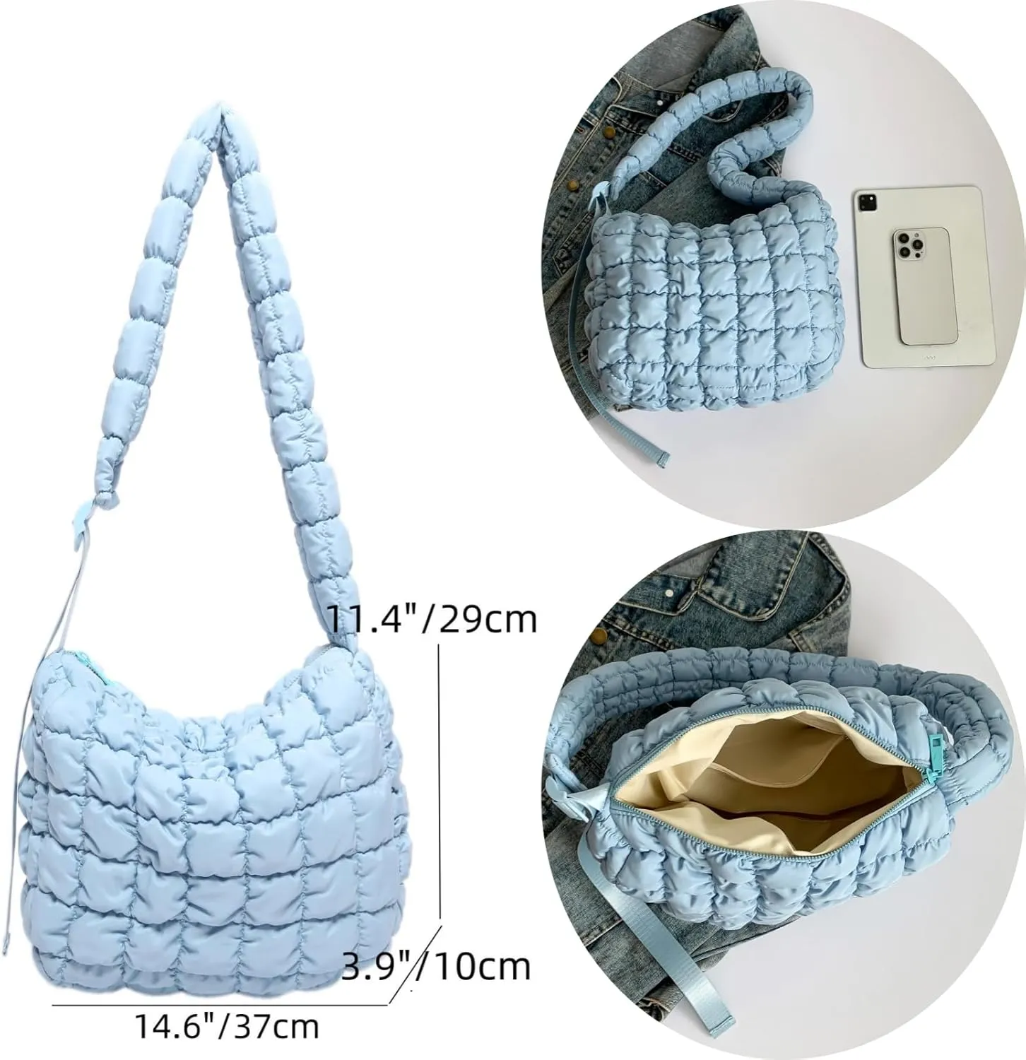 Quilted Nylon Shoulder Crossbody Bag Women Tote Hobos Handbags Puffy Padded Purse Lightweight with Adjustable Shoulder Strap